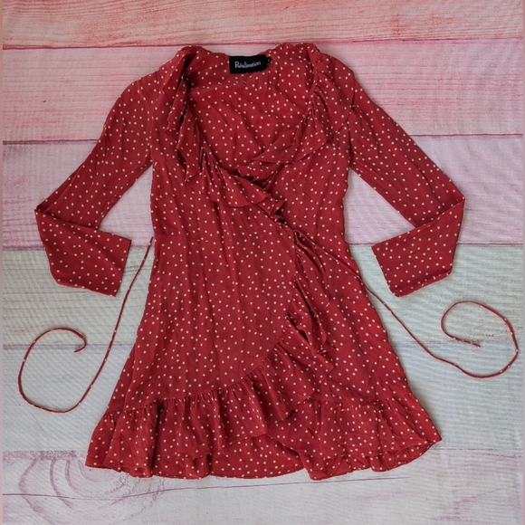 Realisation Red Silk Alexandra‎ Star Print Wrap Mini Dress XS Ruffle Neckline - Picture 5 of 13